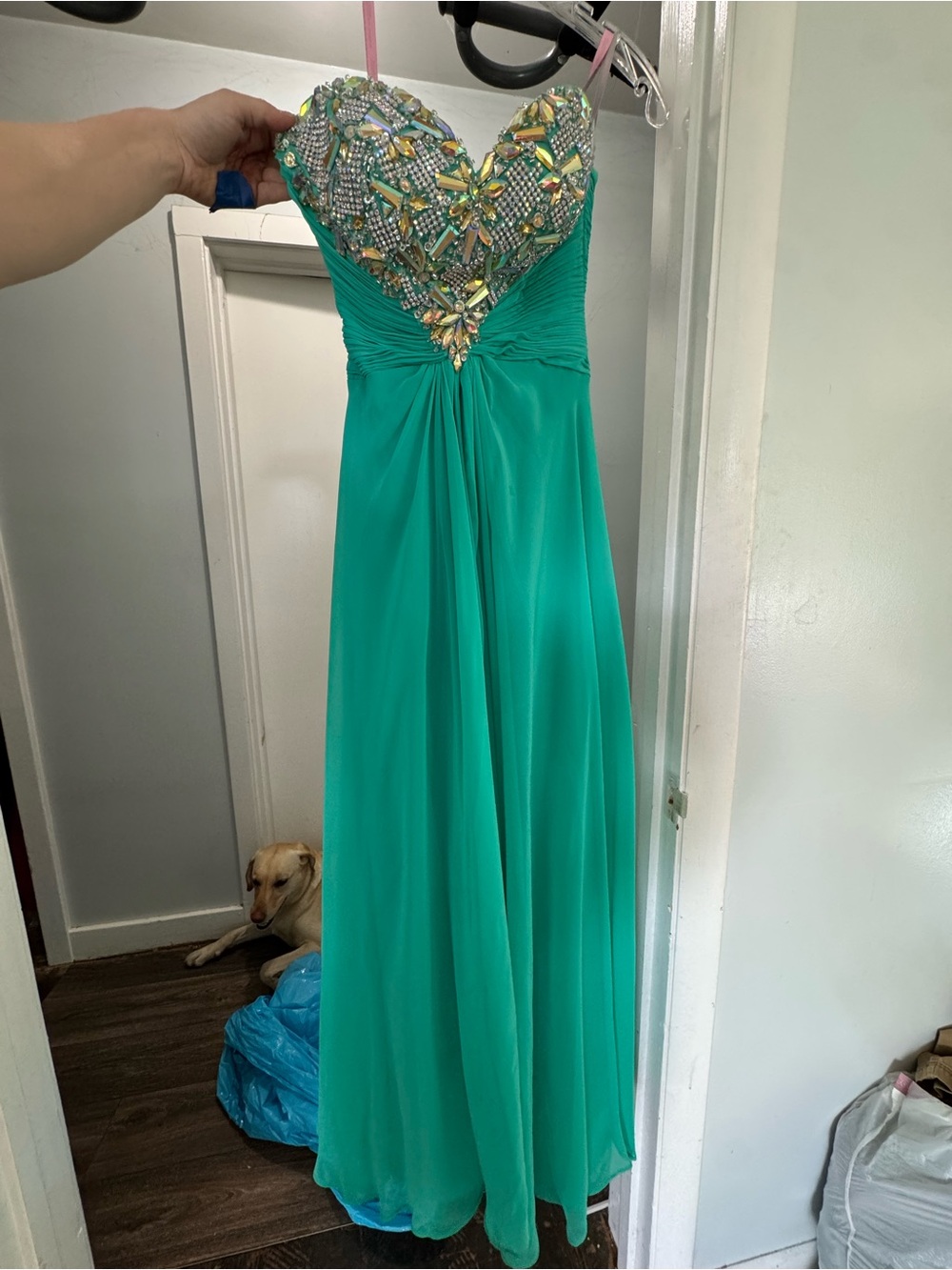 Strapless Beaded Teal Evening Gown